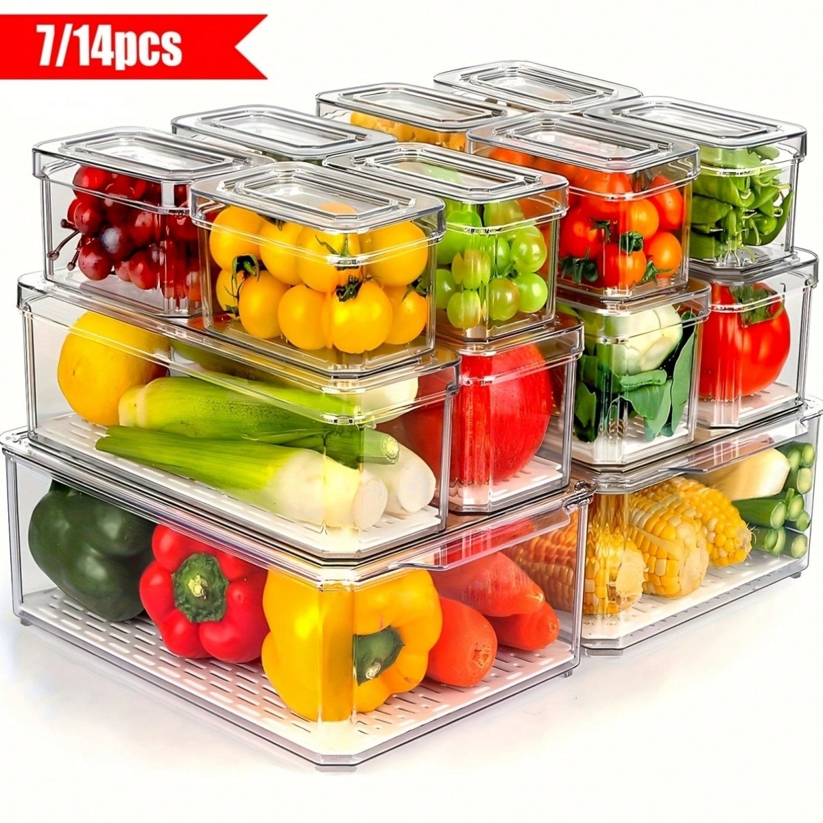 Food Storage In Cabinets - 7/14-delige stapelbare koelkastopbergbakken met deksels, ruimtebesparende