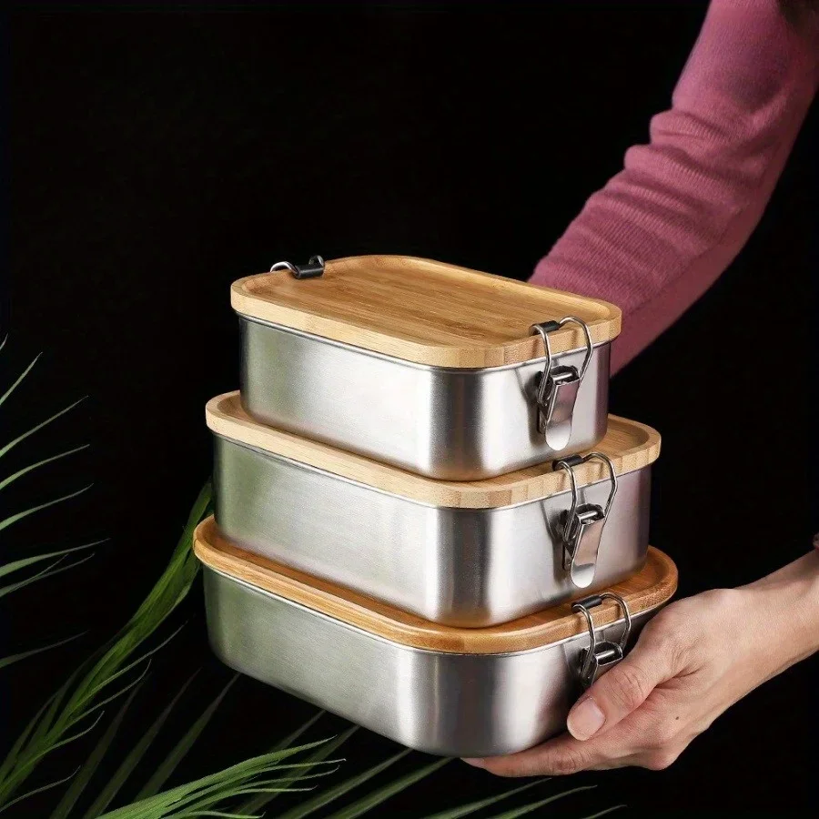 Food Storage On Table - Nieuwe 304 roestvrijstalen lunchbox met bamboe