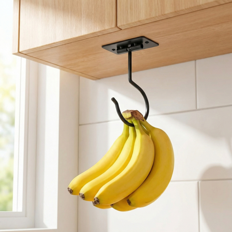 Food Storage In Cabinets - Zwart metalen zelfklevende bananenhaak opvouwbaar opbergrek